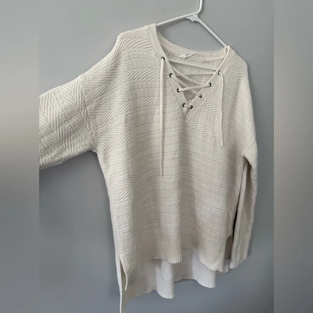 Athleta Sunset Lace Up Sweater Cream White Knit V-Neck Pullover Pattern Size L - Image 5