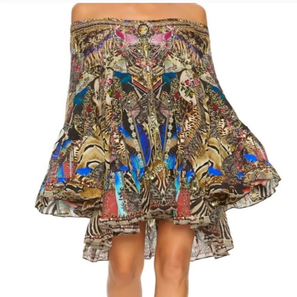 CAMILLA 100% Silk A-line Off the Shoulder Gems Boho Frill Dress Women’s Sz M - Image 7