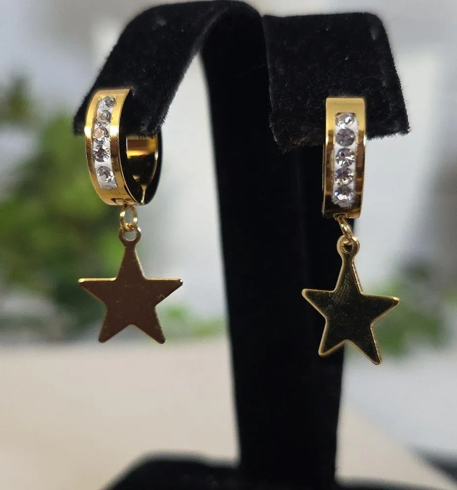 Gold Stainless Steel Huggie Hoop Earrings With Dangle Star - Image 2