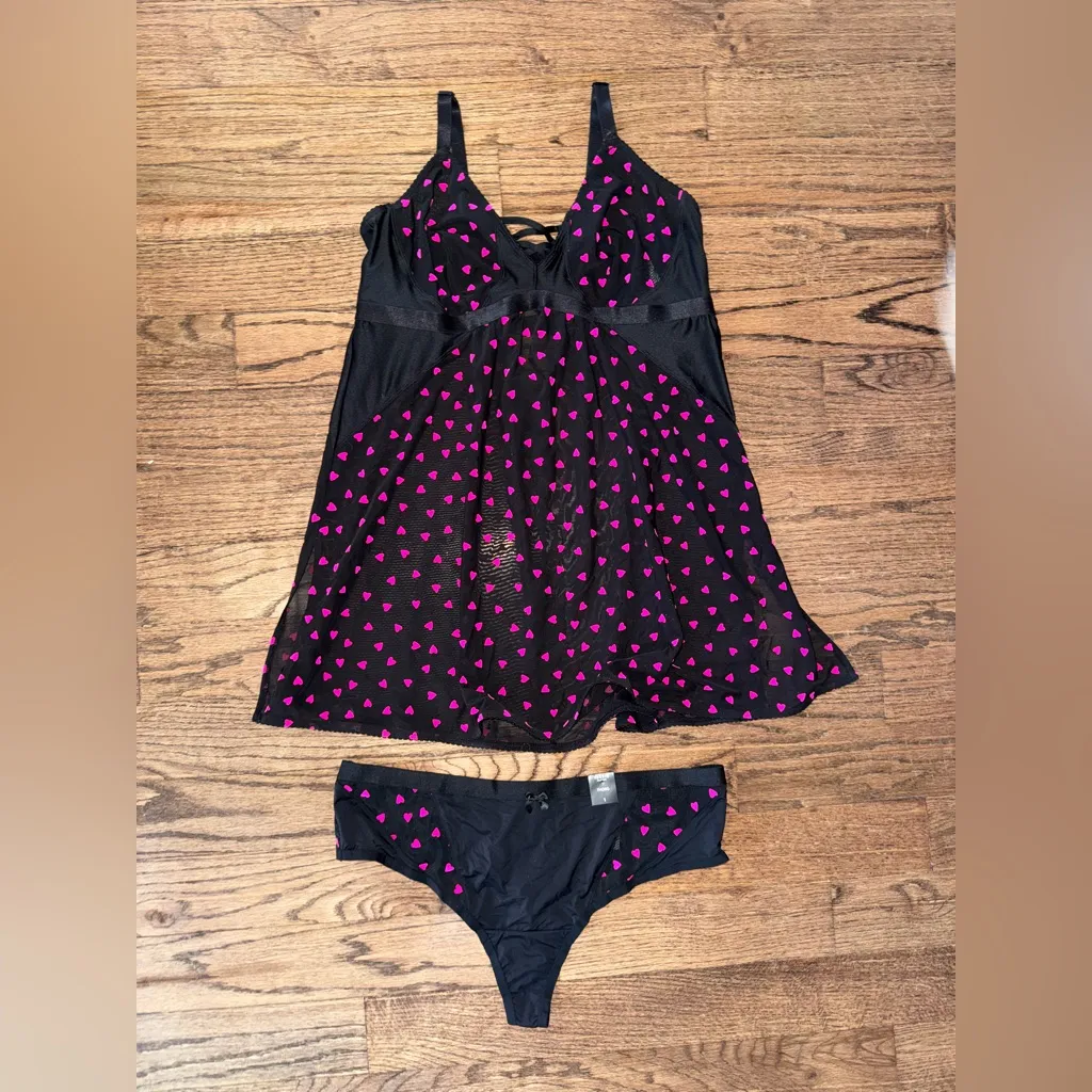 NWT Torrid Mesh Hearts Velvet Red Black Strappy Babydoll Lingerie Thong 1X Cami - Image 3