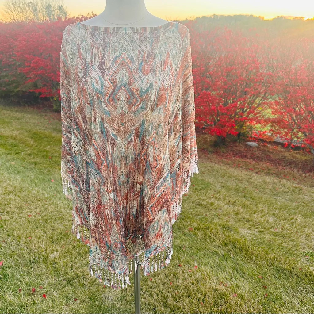 Reba Multicolor Fringe Crochet Layered Plus Size Poncho - Image 2