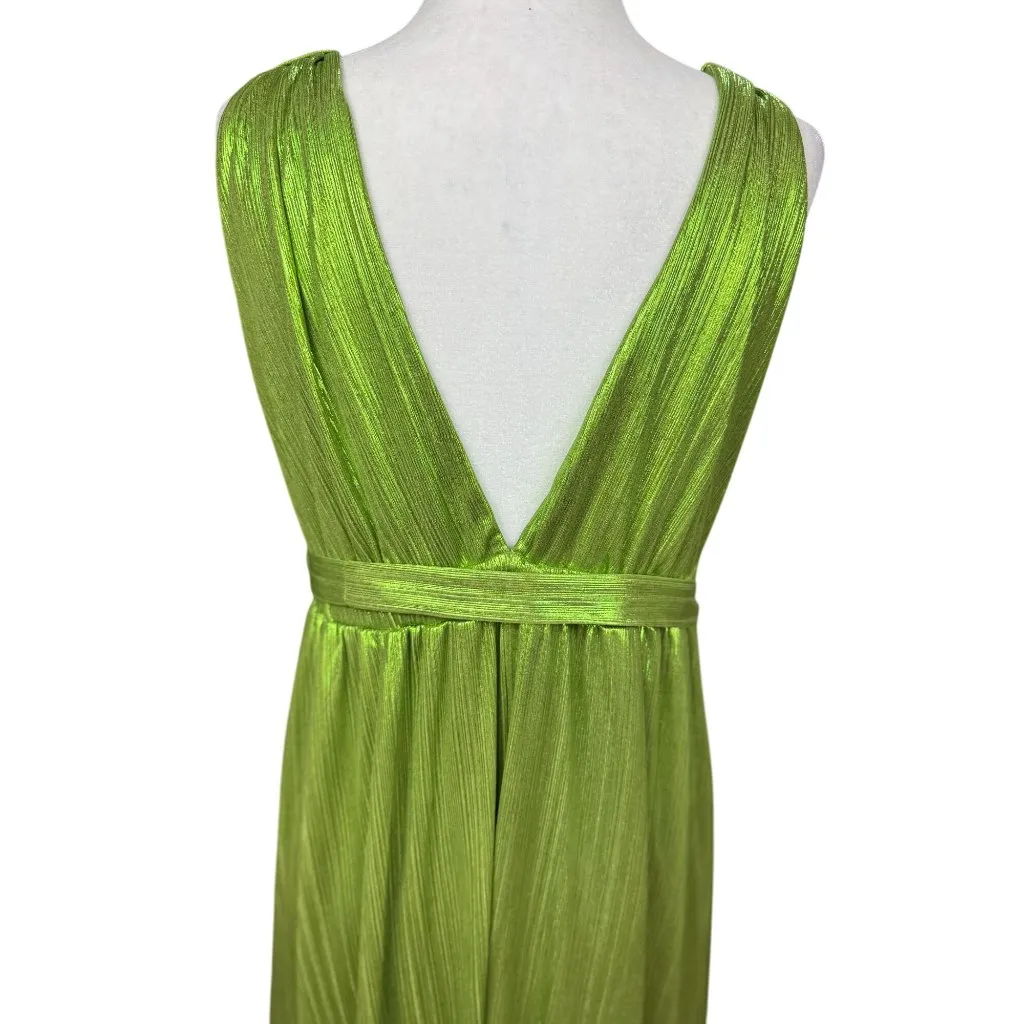 NEW Sincerely Jules Womens L Green Metallic Deep Neck Shiny Pleated Gown Stretch - Image 13