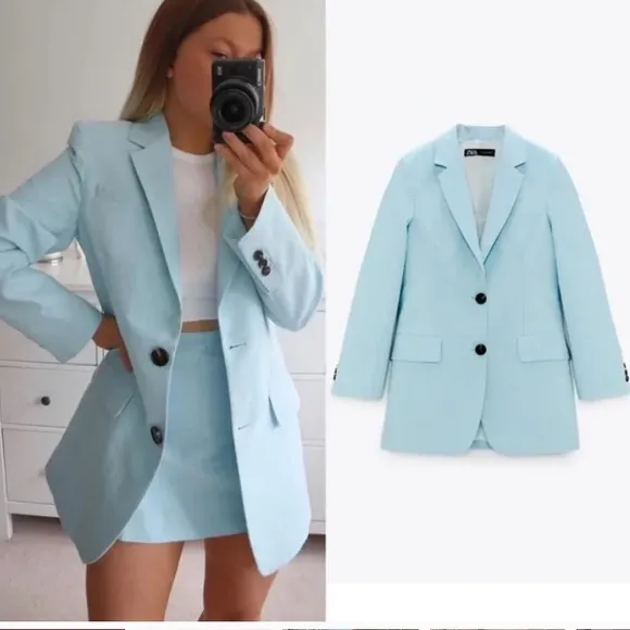 Zara Turquoise Blue Long Oversized Boyfriend Blazer bloggers favorite - Image 2