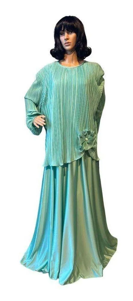 Vintage Lady Helene 80’s Green Crepe Plisse Pleated Drop Waist Dress size 26.5 - Image 9