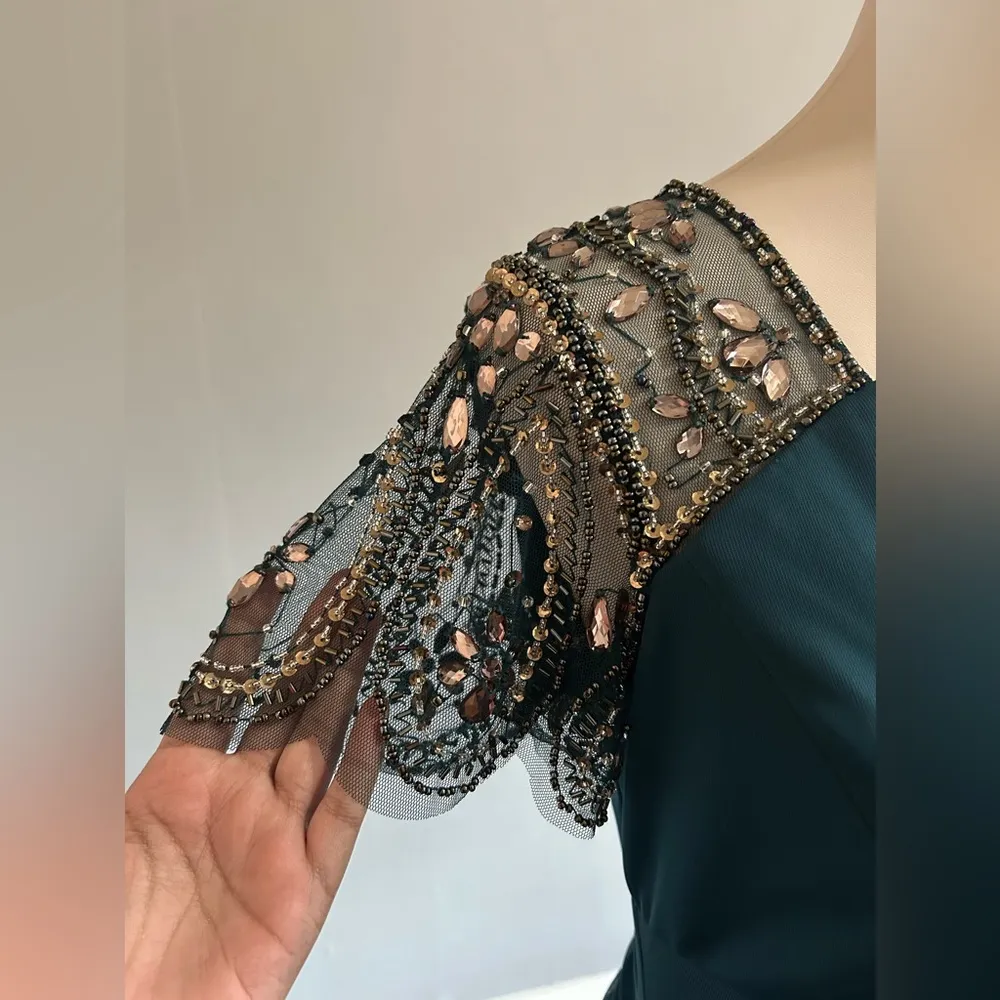 NWOT Xscape Beaded Sleeve Ruched Column Dress | Size: 8 | Neo Emerald - Image 6