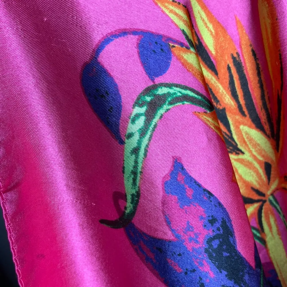 Bright Pink Floral Scarf Horses Birds Maximalist Polyester Square Vibrant Colors - Image 7