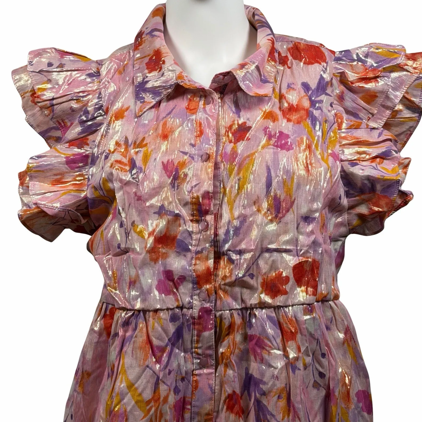 Melonie T Dress Womens Size 18 Pink Floral Button Front Midi Flutter Sleeve - Image 2