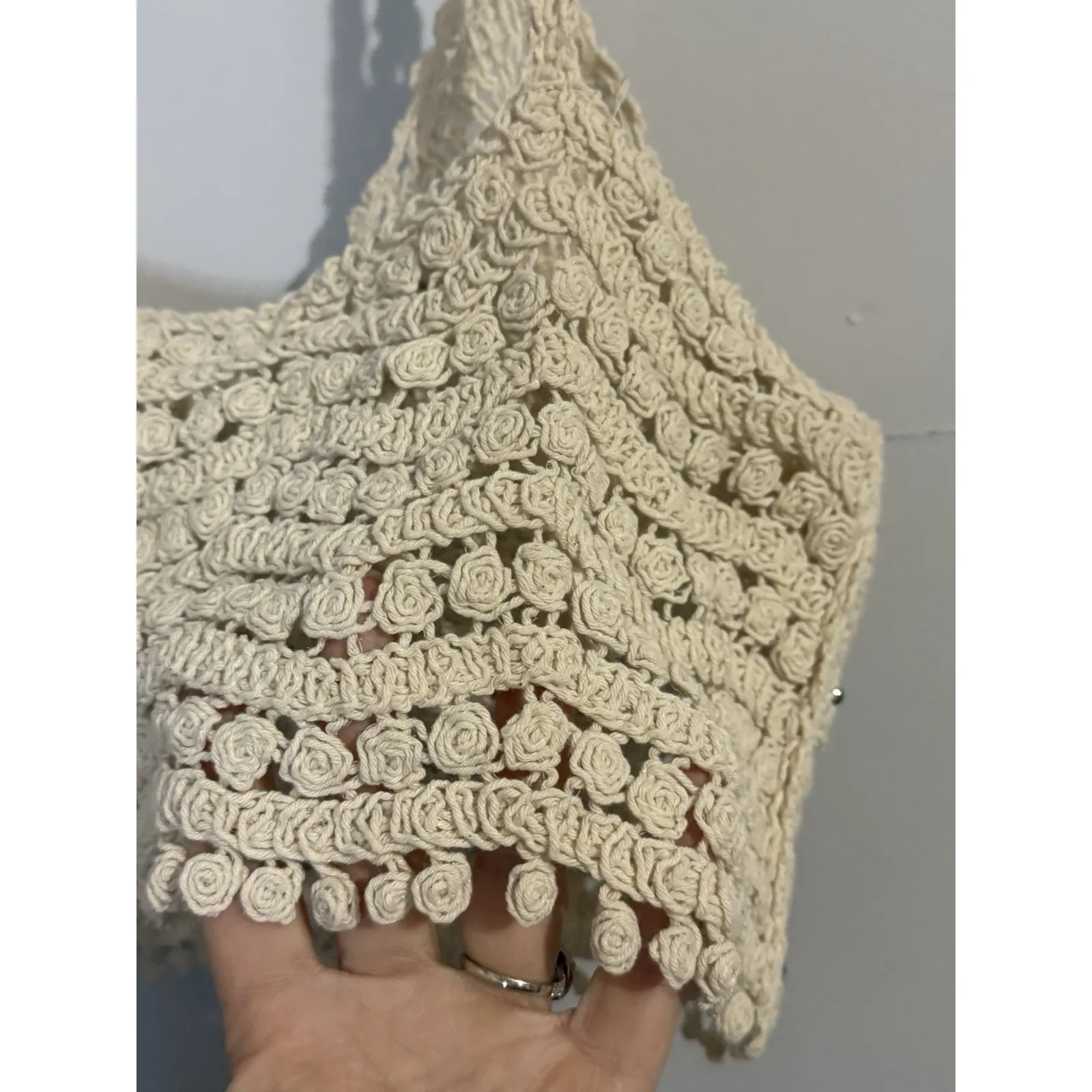 Rebellion Again Women's Cream Crochet Crop Top Festival Bead Detail Size M - Image 6