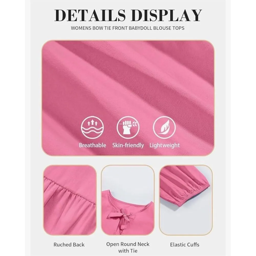 NEW Tie Front Top Babydoll Puff Short Sleeve Blouse 100% Cotton Shirt L Pink Size L - Image 7