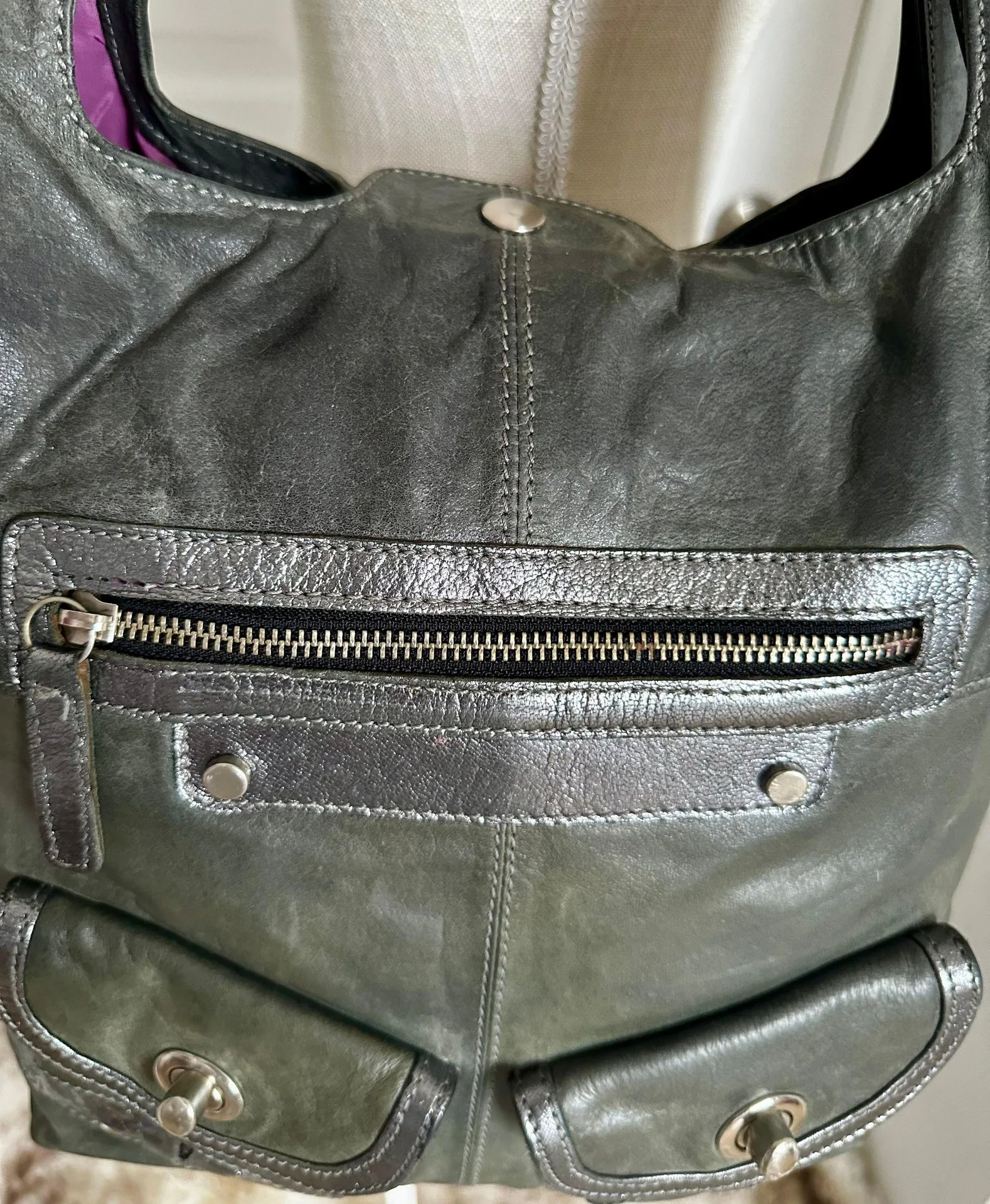 Tano Large Distressed Tote Leather Hobo Carryall Shoulder Bag Designer Italy New Green - Image 5