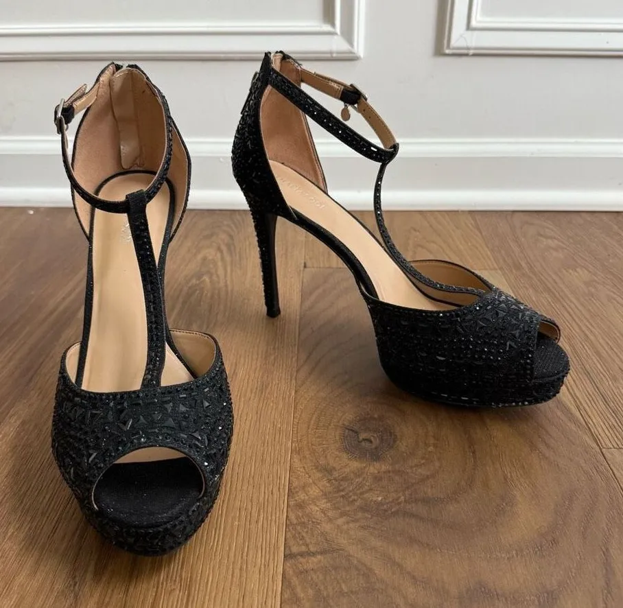 NWOB Thalia Sodi Chace Black T-Strap Embellished Platform Stiletto Heels 12 Wide - Image 1