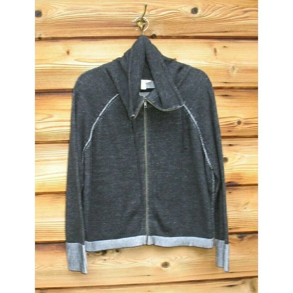 Eileen Fisher Marled Black Organic Cotton Zip Front Casual Funnel Neck Jacket - Image 2