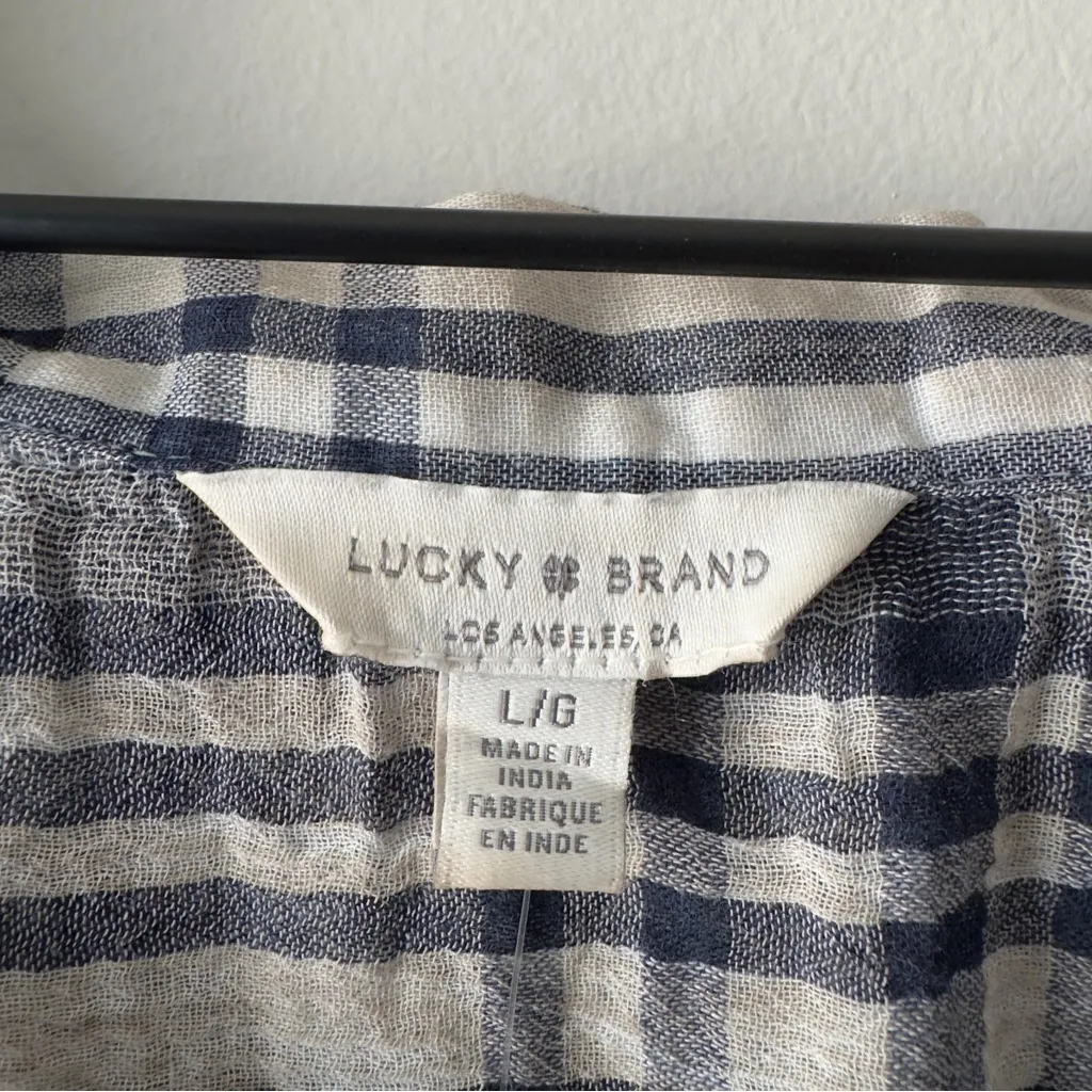 Lucky Brand 100% Cotton Navy gray Beige Plaid Button-Down Shirt Short sleeve NWT - Image 11