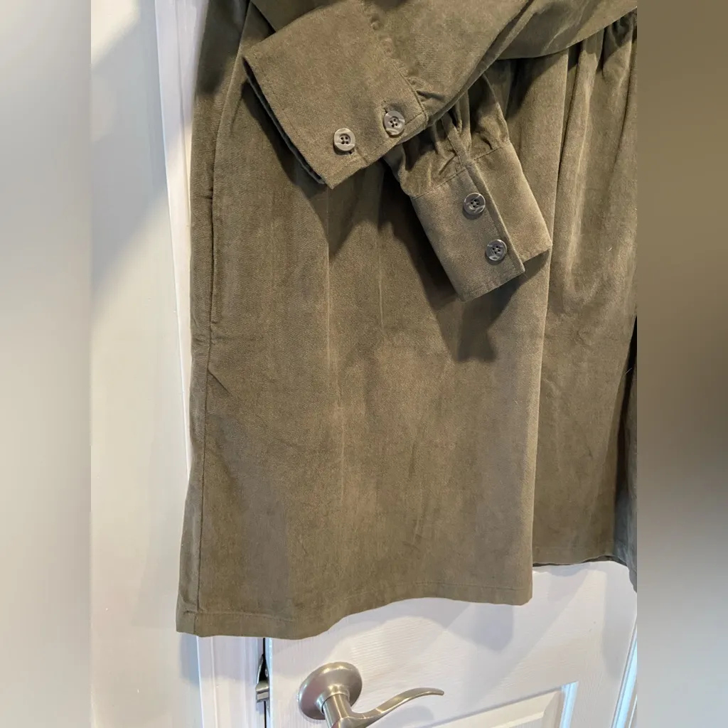 NWT Nine West Olive Green Velvet Button Front Collared Long Sleeve Mini Dress - Image 2
