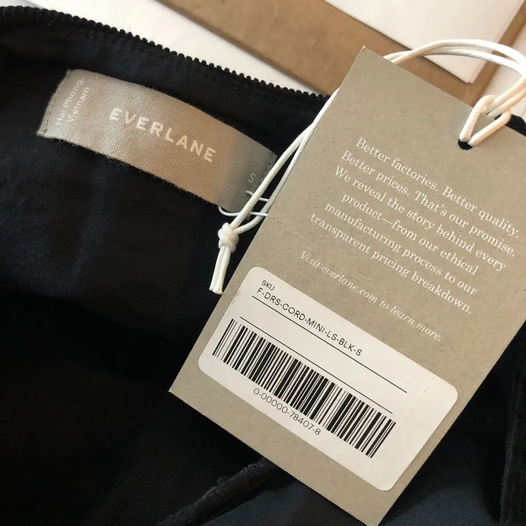 Everlane The Tiered Corduroy Dress Cotton Stretch Puff Sleeve Black Size M - Image 3