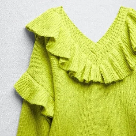 ZARA Florescent Lime Ruffled Knit Sweater - XS-S - Image 3