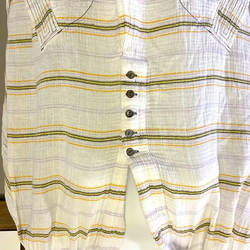 FREE PEOPLE-Rolling Clouds 100% Cotton Hoodie Pocketed White Stripe Blouse-Small - Image 3