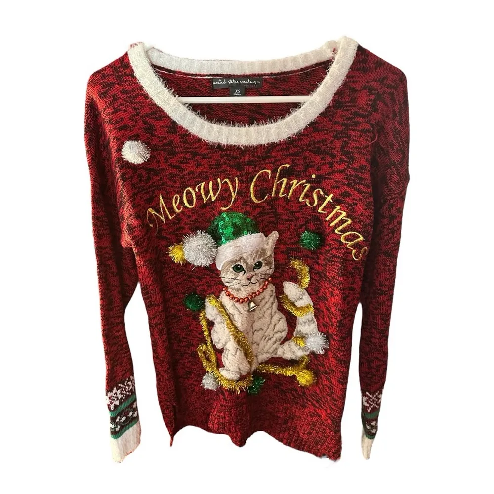 United States Christmas Ugly Christmas “Meowy Christmas” Cat Sweater - Image 3