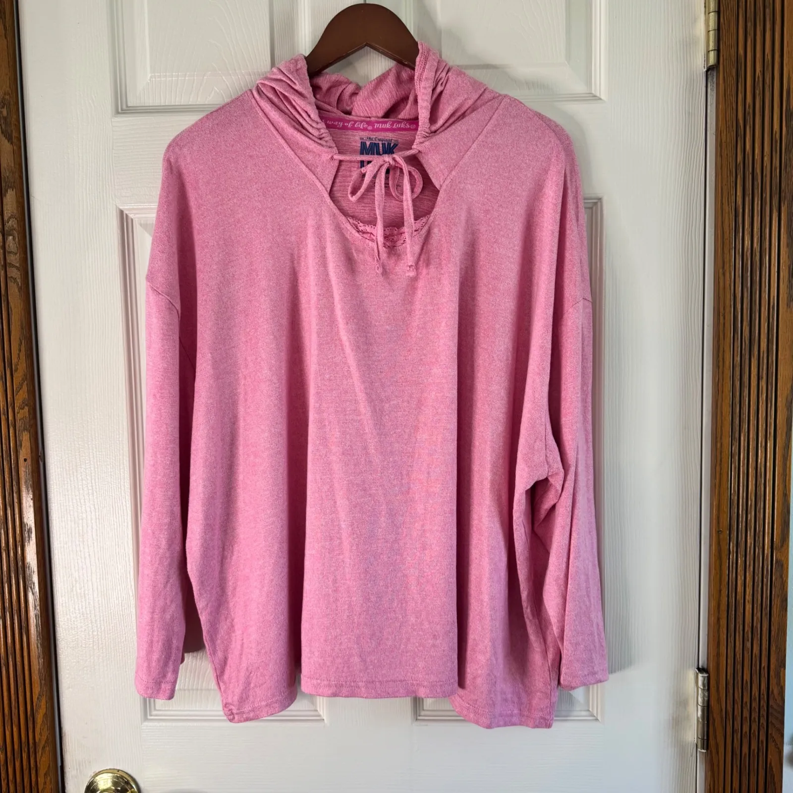 MUK LUKS Hoodie Pullover Top Keyhole Drawstring Pink‎ Comfy Athleisure 2X Pink Size XXL - Image 7