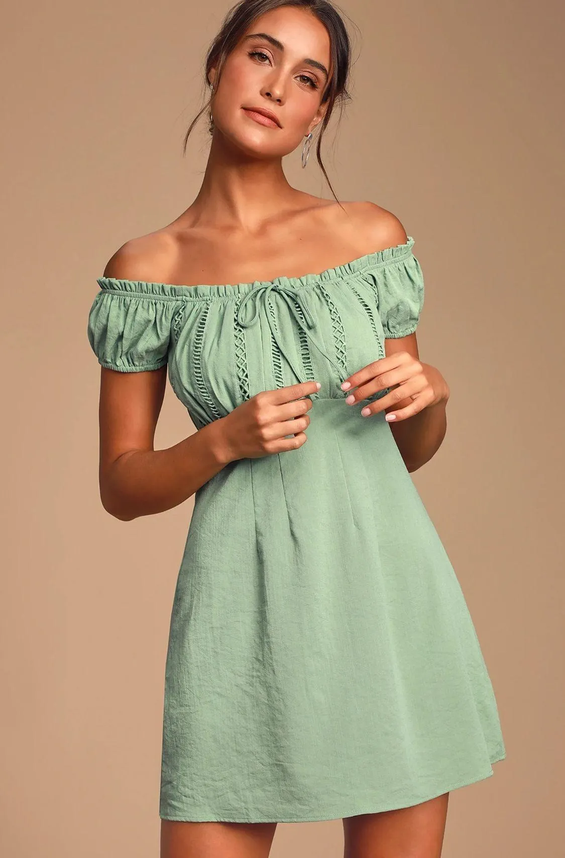 Wisteria Sage Green Embroidered Off-the-Shoulder Mini Dress - Image 2