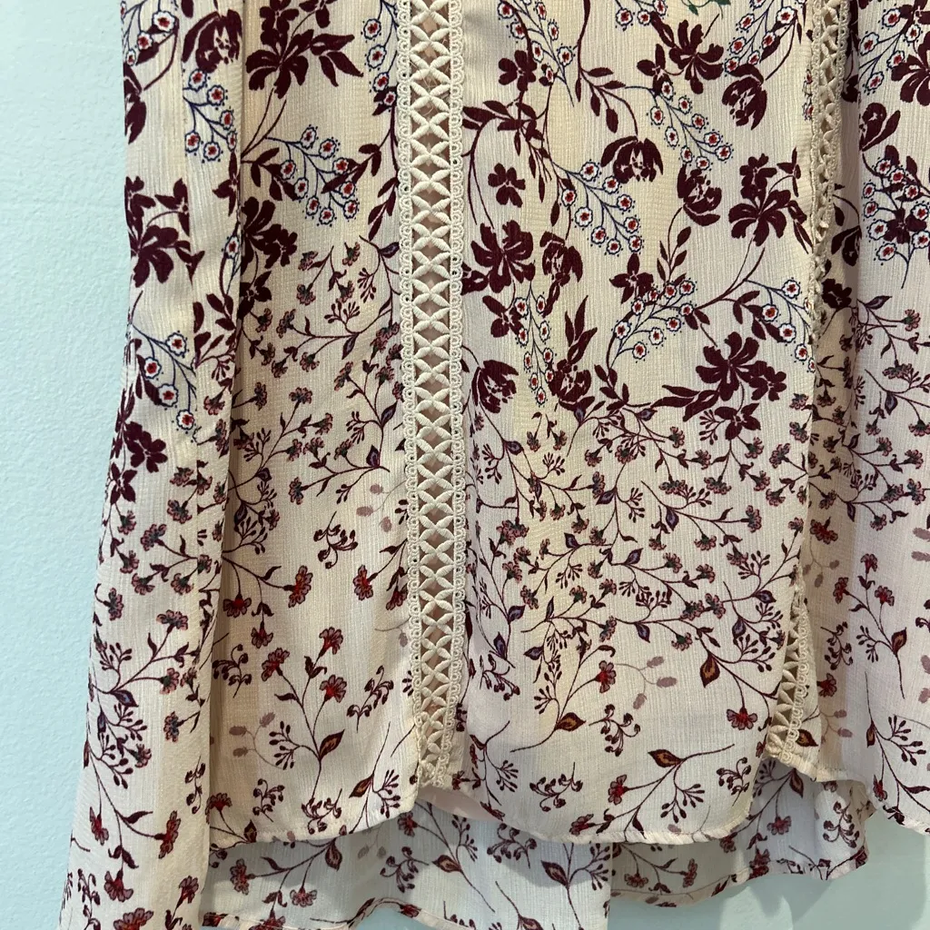 Blue Rain Floral V-Neck Blouse - Cream and Burgundy - Image 4