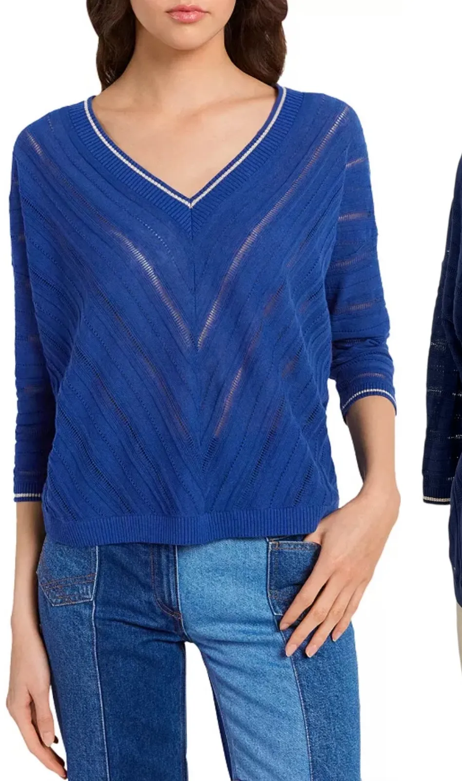 Gerard Darel Laelia Sweater Linen Cotton Pointelle Blue Gold Size 2 US Medium - Image 1