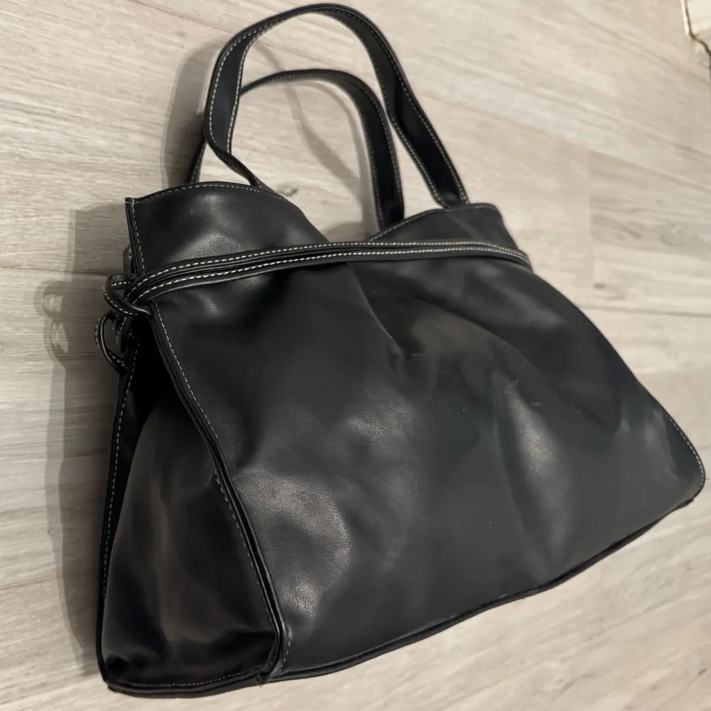 Black Top Handle Bag with White Stitching - Image 7