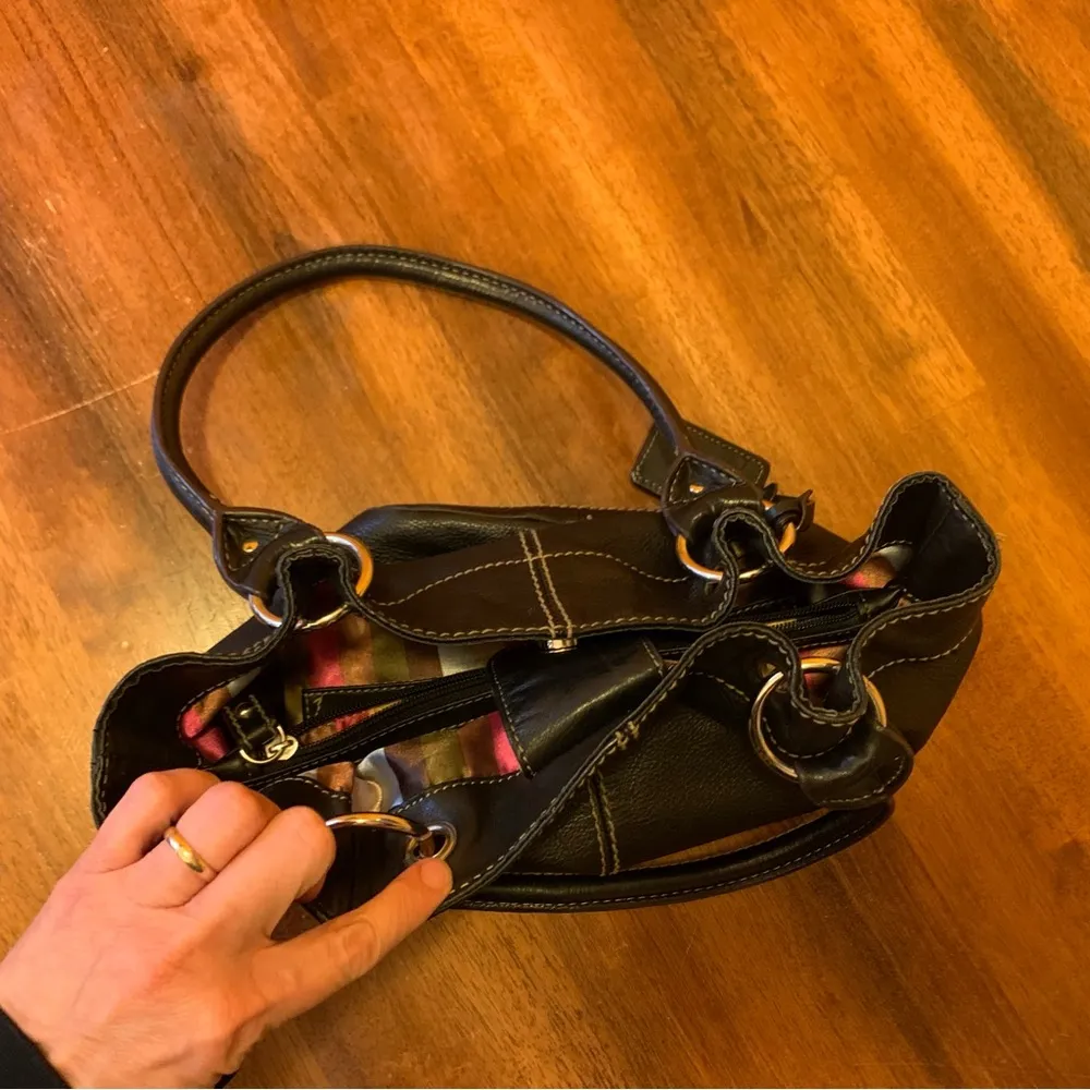 Tignanello Shoulder Bag Black Leather Purse Multi color stripe lining - Image 8