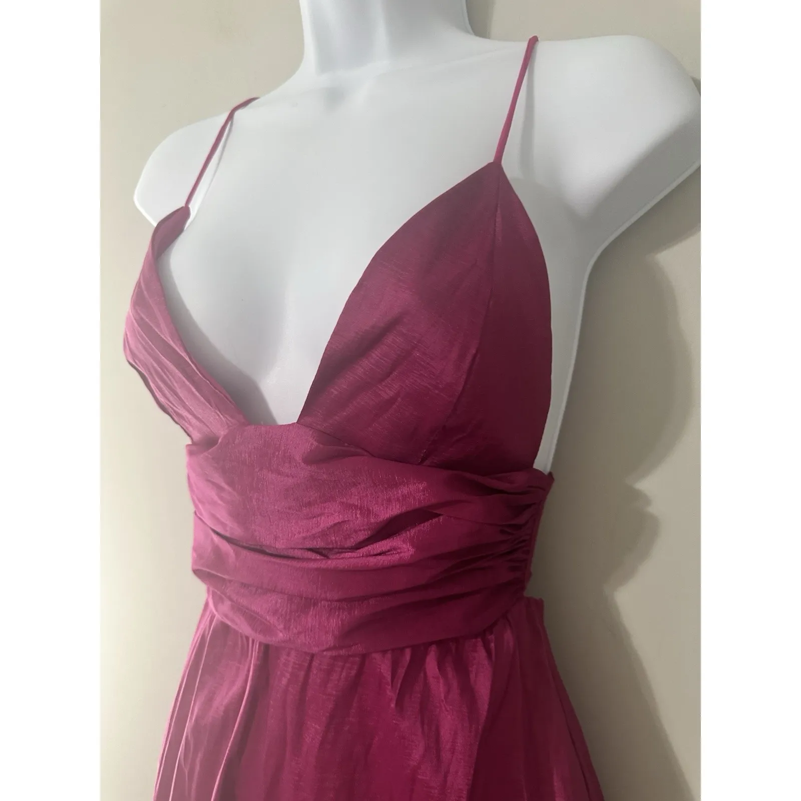 Lucy in the Sky Fuchsia Pink Plunging Tie-Back Ruched Mini Dress Skater Size S - Image 3