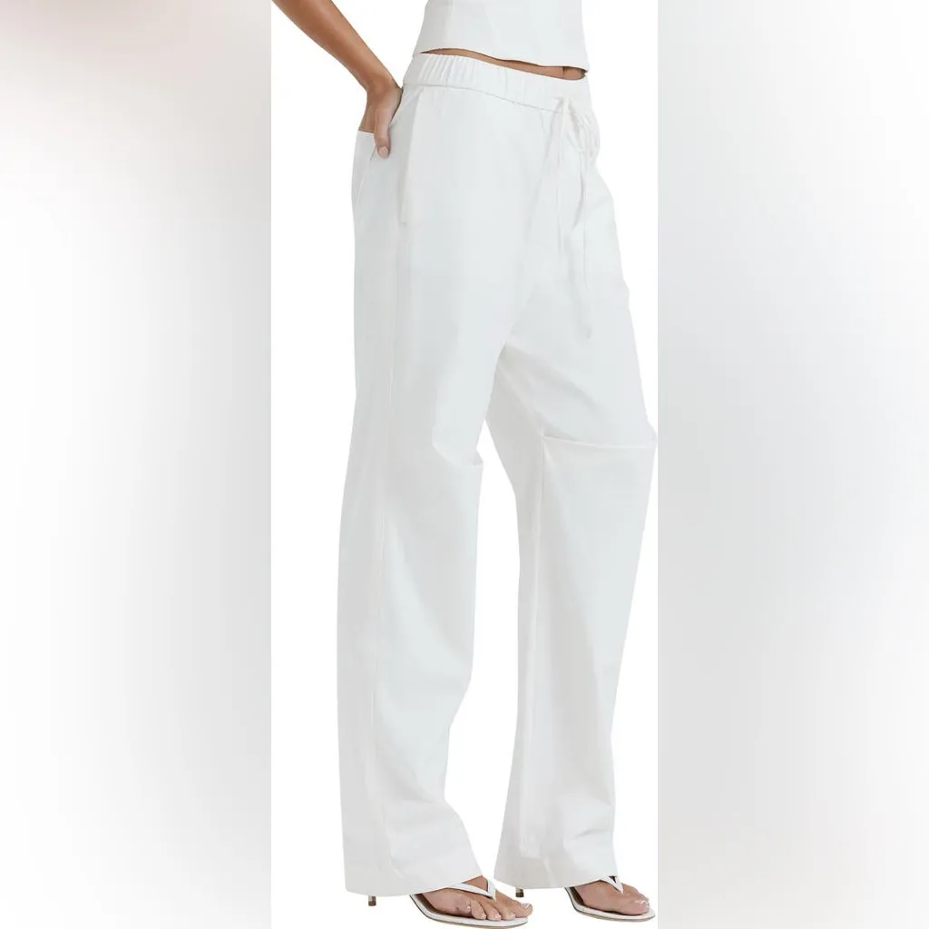 House of CB Luna Drawstring Casual Straight Leg Pants in White S - Image 4