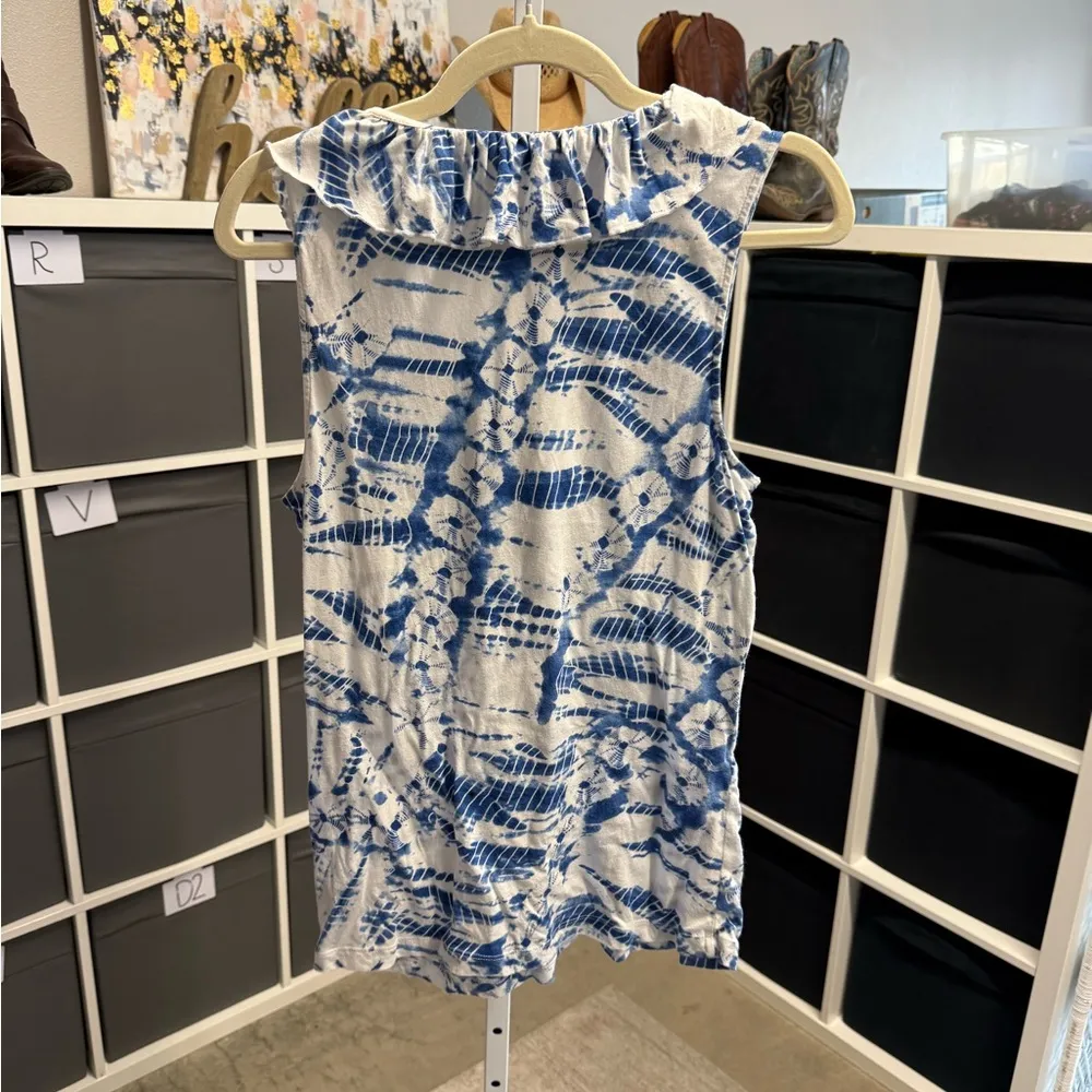 Lauren Ralph Lauren LRL Blue and White Tie Dye Ruffled Tank Top Size XL - Image 4