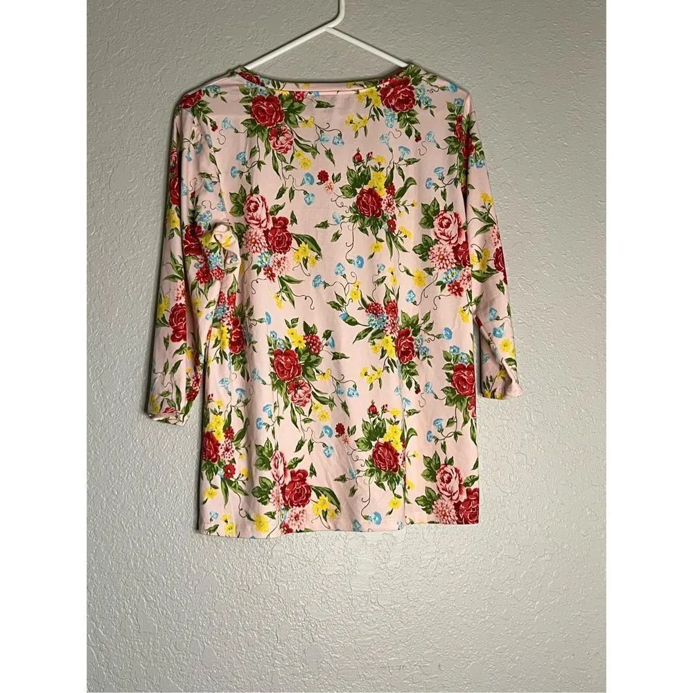 The Pioneer Woman Floral 3/4 Sleeve Blouse Top Womens Sz S Pink V - Image 3