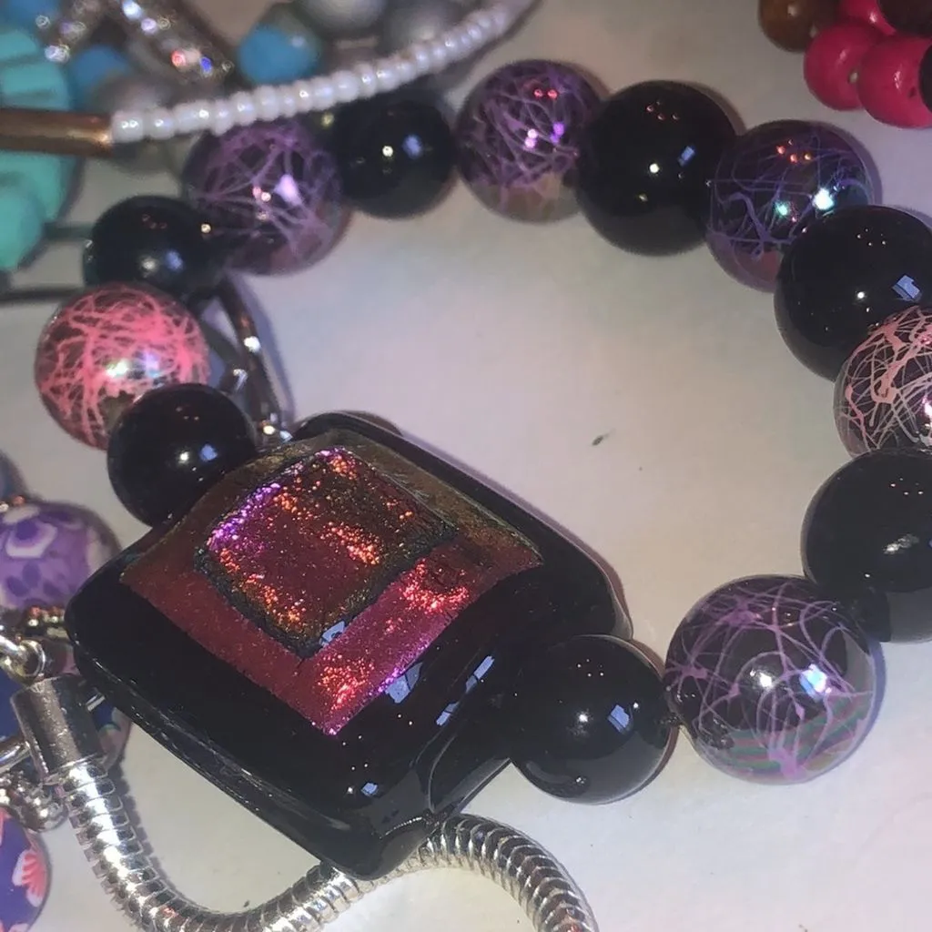 Lot of 10 Multi Color Purple Glass Beaded CZ Rhinestone Boho Stretchy Bracelets - Image 6