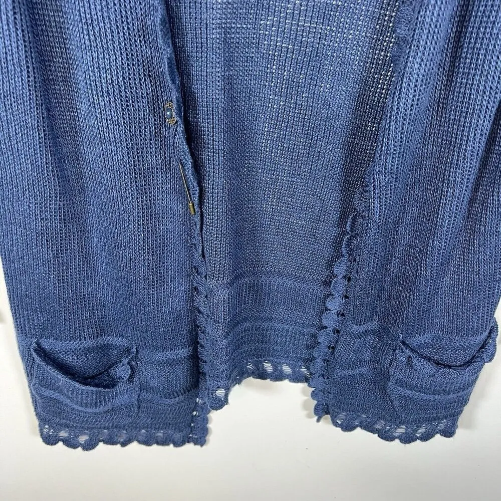 Lauren Ralph Lauren Navy Blue Open Cardigan Womens Sz Medium 100% Linen Crotchet - Image 4