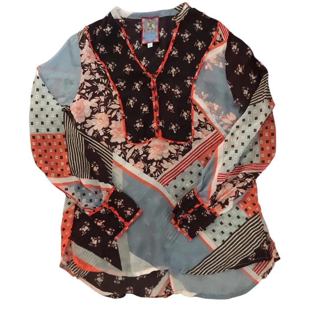 C Johnny Was Mixed Print Long Sleeve Women’s Tunic Blouse Size XS - Image 4