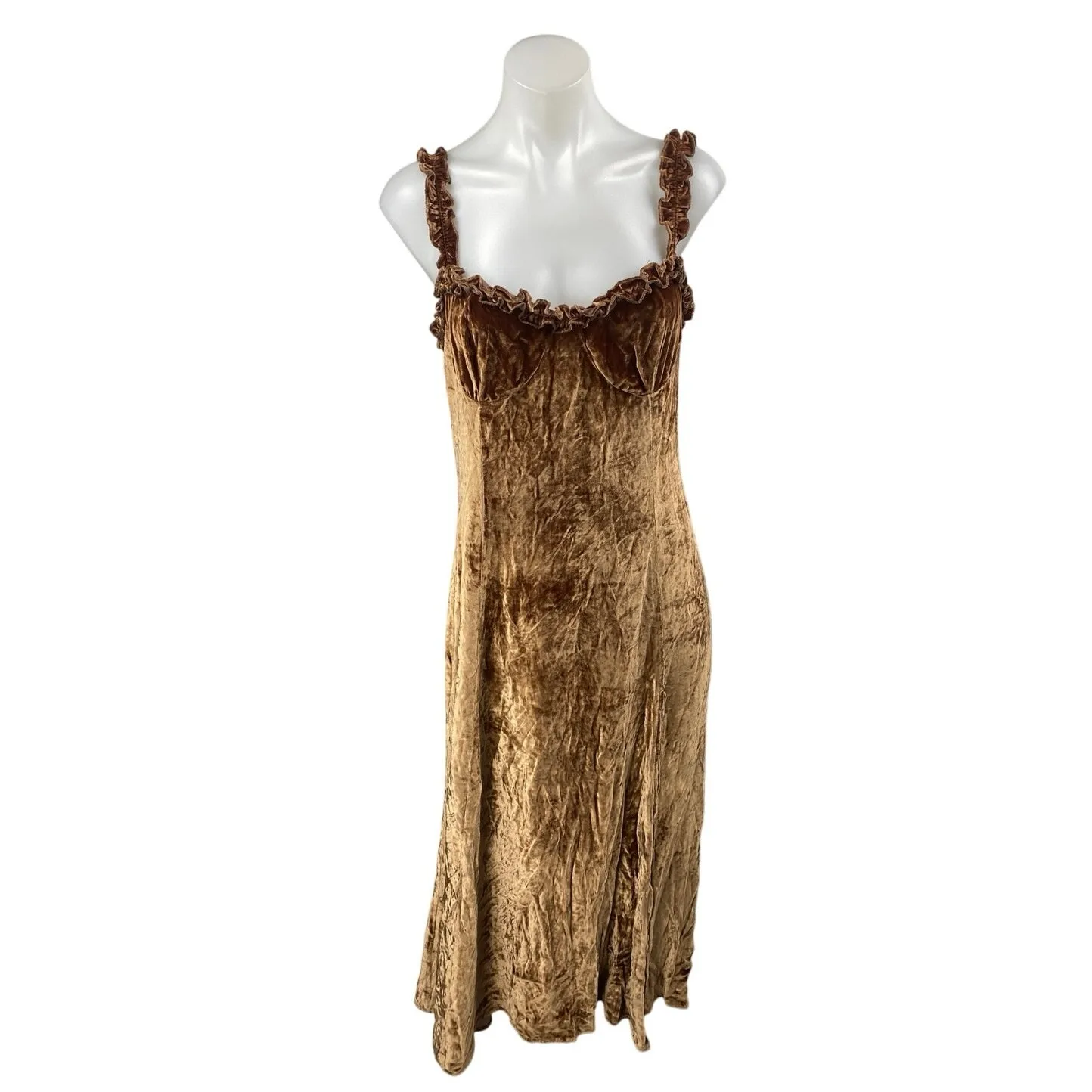 Reformation Pyrenees Tan Velvet Velour Ruffle Sleeveless Slip Mini Tank Dress 8 - Image 2