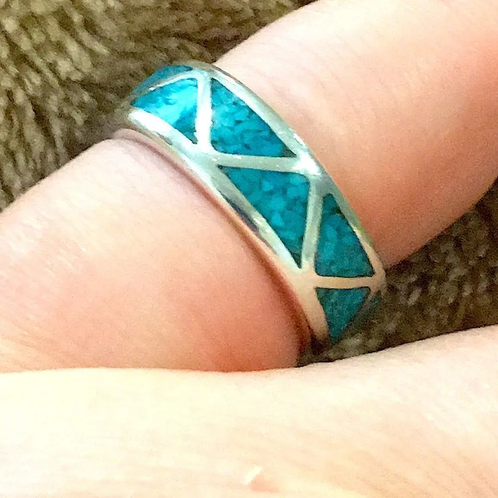 VTG Sterling Silver Southwest Crushed Turquoise Inlay Ring - Image 11