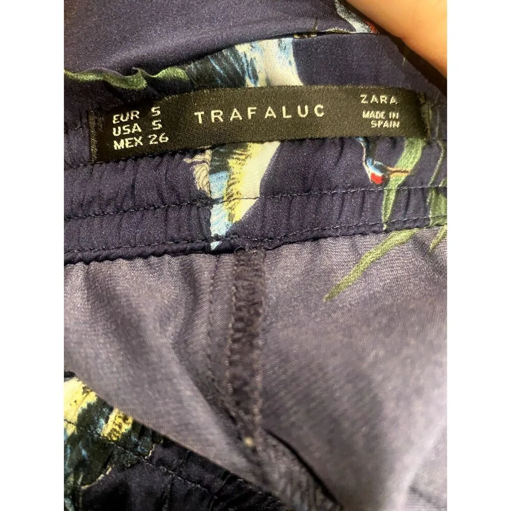 ZARA Flowy Wide Leg Floral Bird Print Pant Elastic Drawstring Waist S Blue #3084 - Image 6