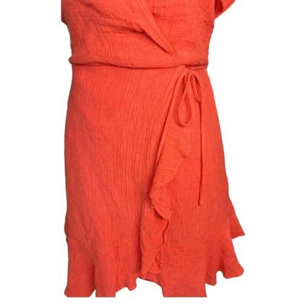 Lush hot coral orange flutter sleeve wrap Mini dress summer coquette cowgirl - Image 4