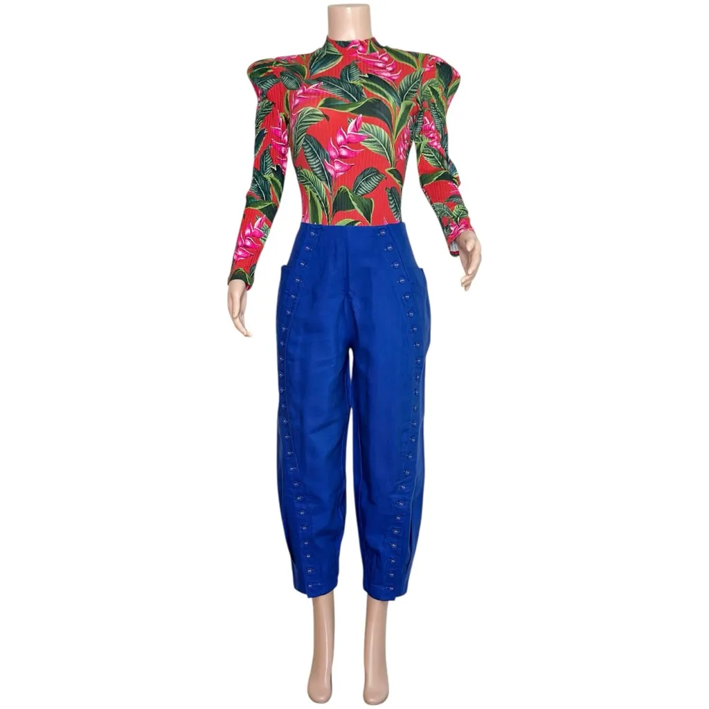 FARM RIO High Waisted Buttoned Blue Pants, Navy Blue, Small - Image 13