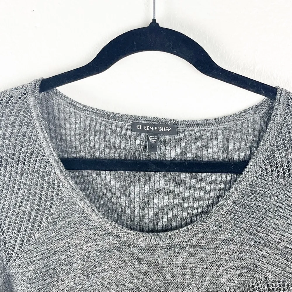 EILEEN FISHER Gray Merino Wool Metallic Blend Long Sleeves Sweater, Size Large - Image 9