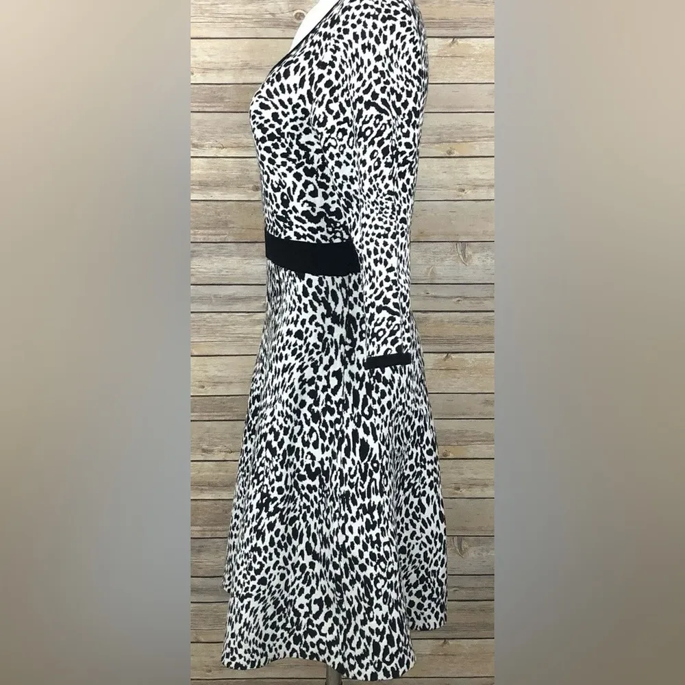 Nina Leonard Black and White leopard Print Dress 3/4 sleeve flat flare size XL - Image 4