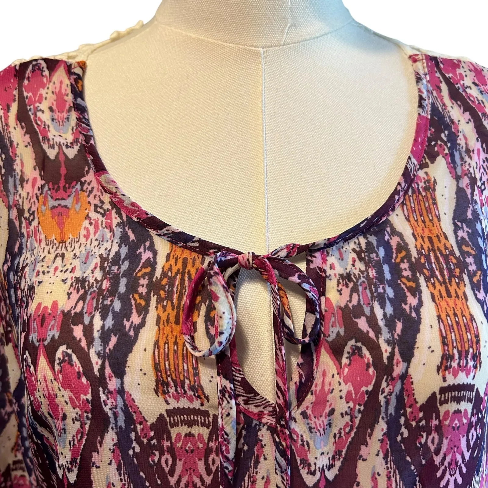 COMO Vintage Top Blouse Tunic SZ L Multicolor Sheer Crochet Bell Sleeves Boho - Image 3