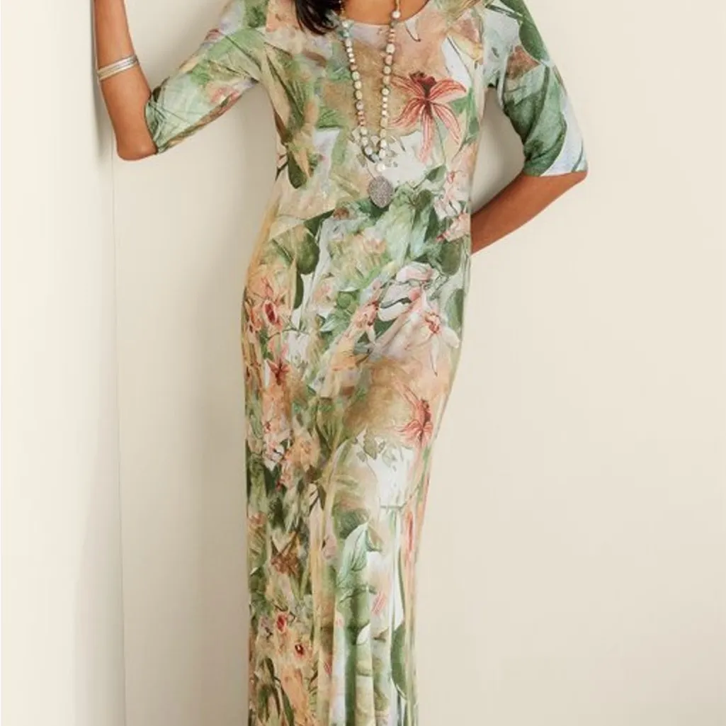 NWT Soft Surroundings Vivienne Dress Green and Pink A-line Maxi Dress - Image 2