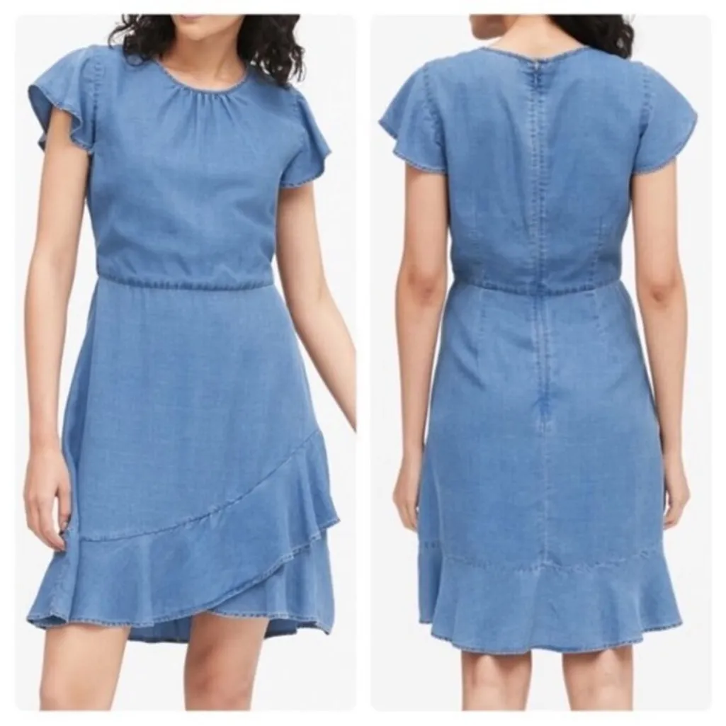 Banana Republic Tencel Faux Wrap Flutter Sleeve Crew
Neck Ruffle Dress Size 8 - Image 3