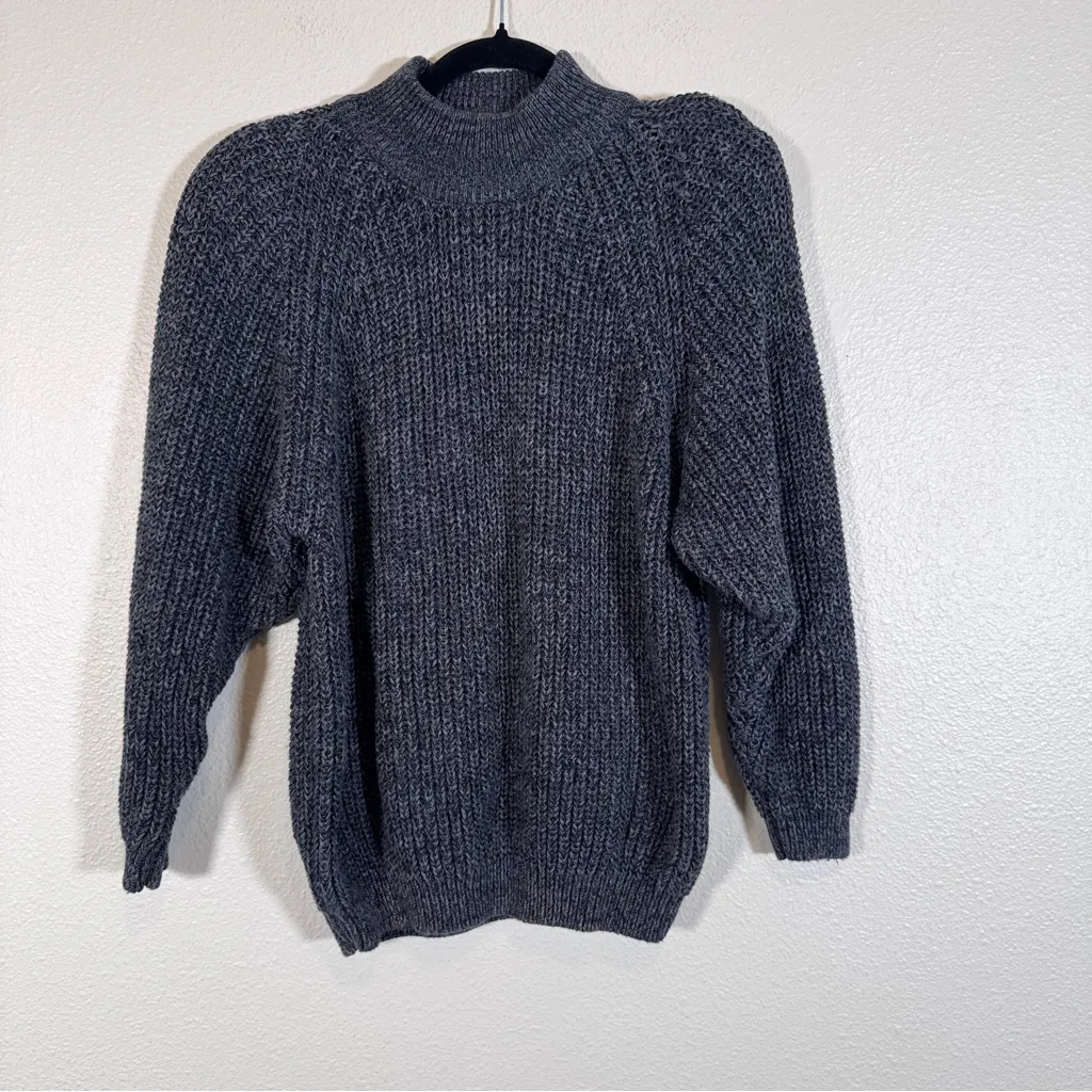 Vintage 90s Ann Taylor Grey Rib Knit Sweater Womens M 100% Cotton Shoulder Pads Gray Size M - Image 10