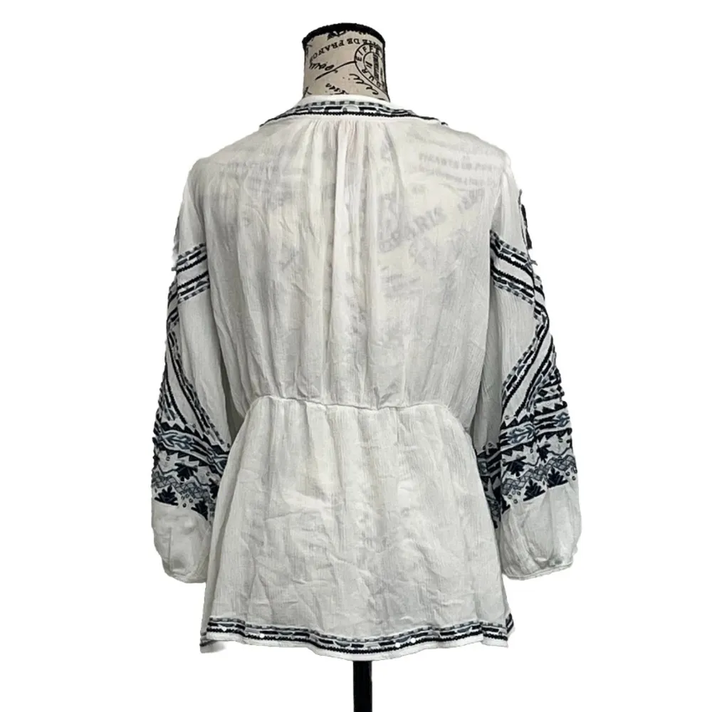 Christina V Women’s White Black Embroidered Boho Peasant Blouse Size M Sheer Top Size M - Image 5