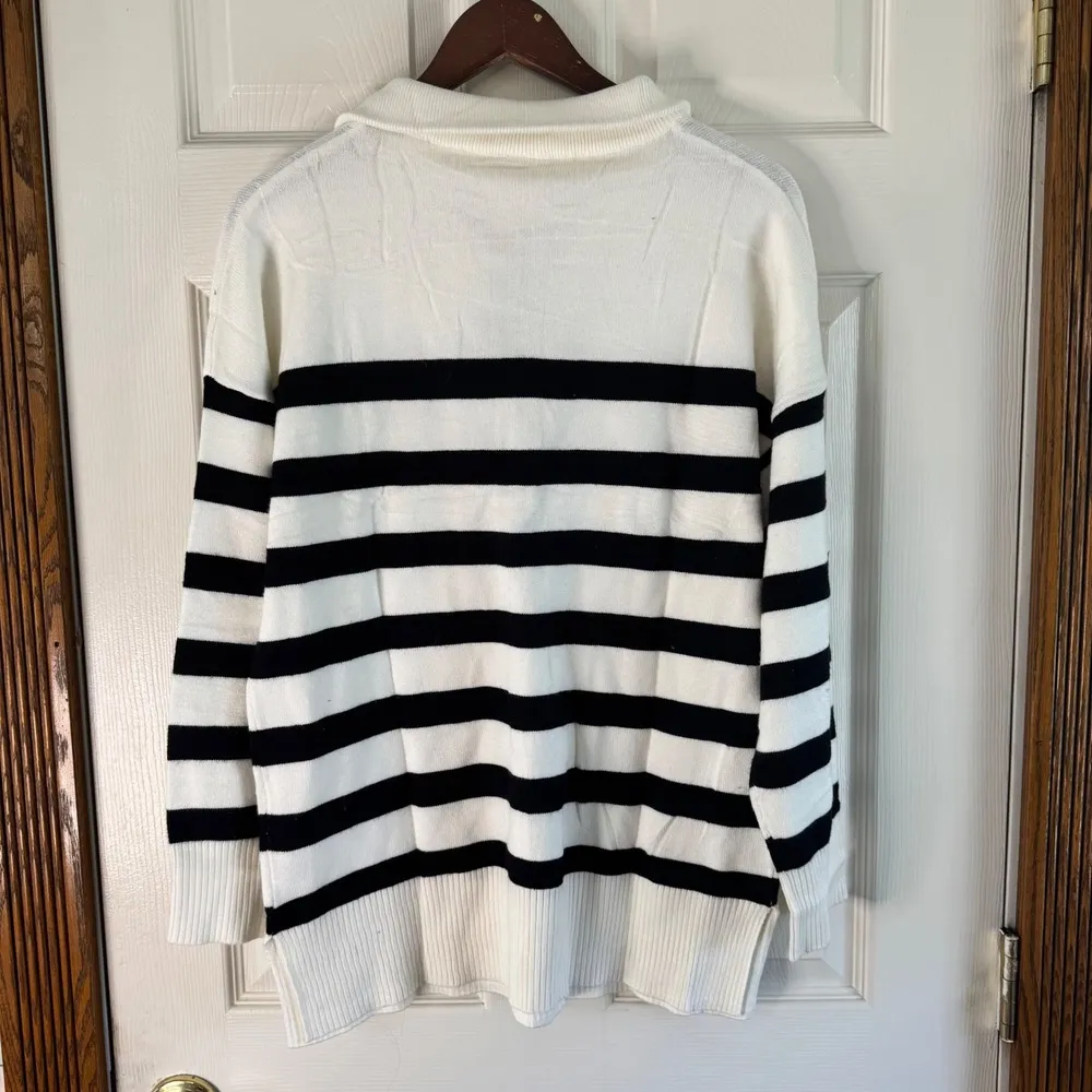 WIHOLL Striped Pullover Sweater Quarter Zip Tunic Top‎ Black White Size S - Image 8