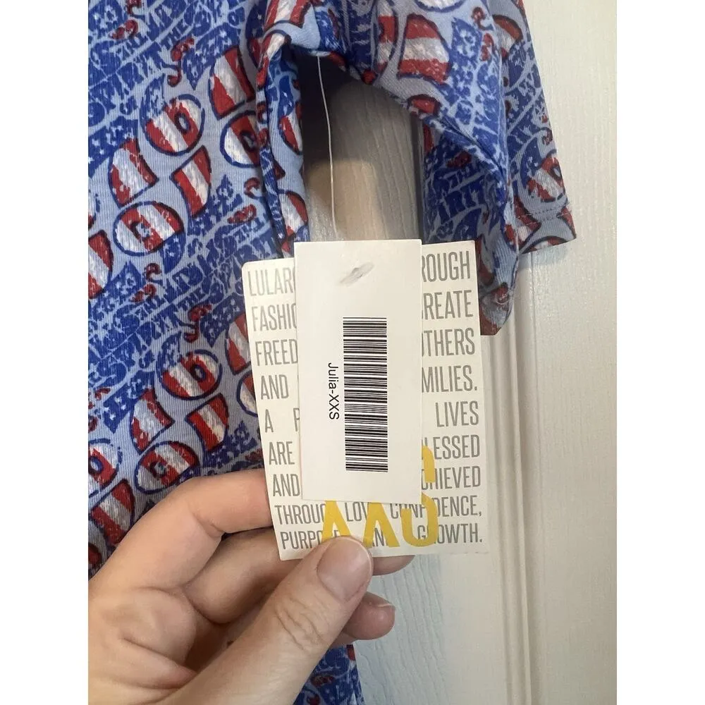 LuLaRoe Julia Women's Size XXS Half Sleeve Fourth Of July Themed Dress NWT - Image 4