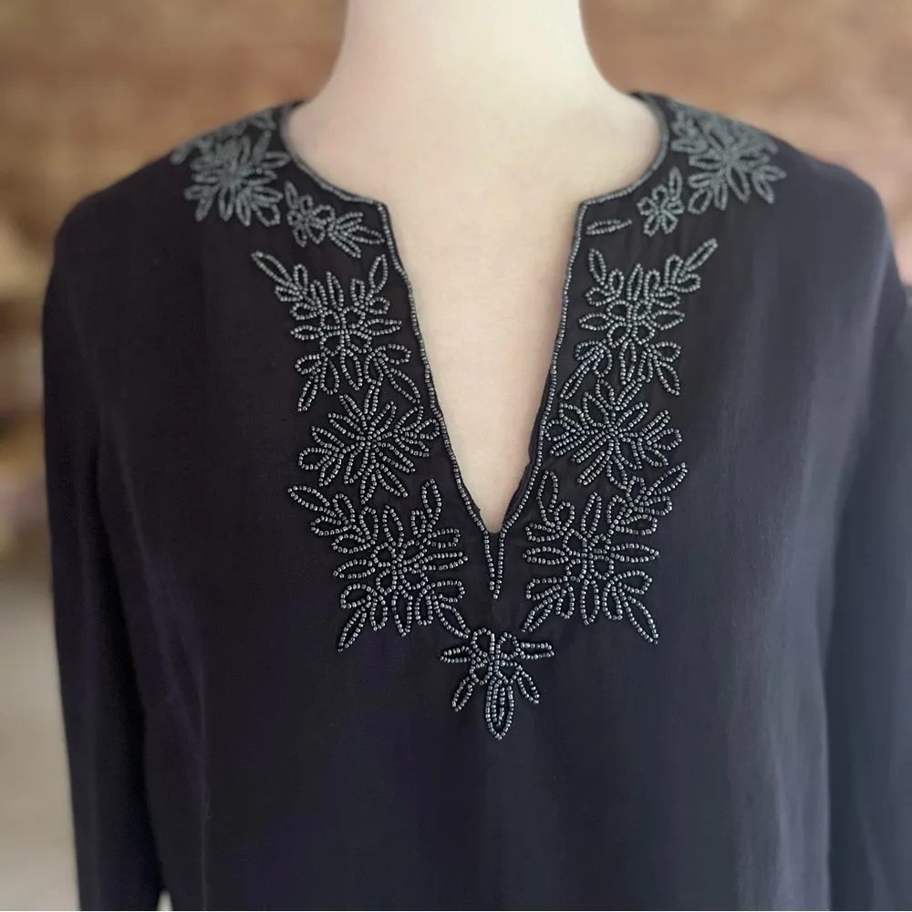 Lands’ End Tinic Top Navy Blue Linen Beaded S Nautical Preppy Coastal - Image 3